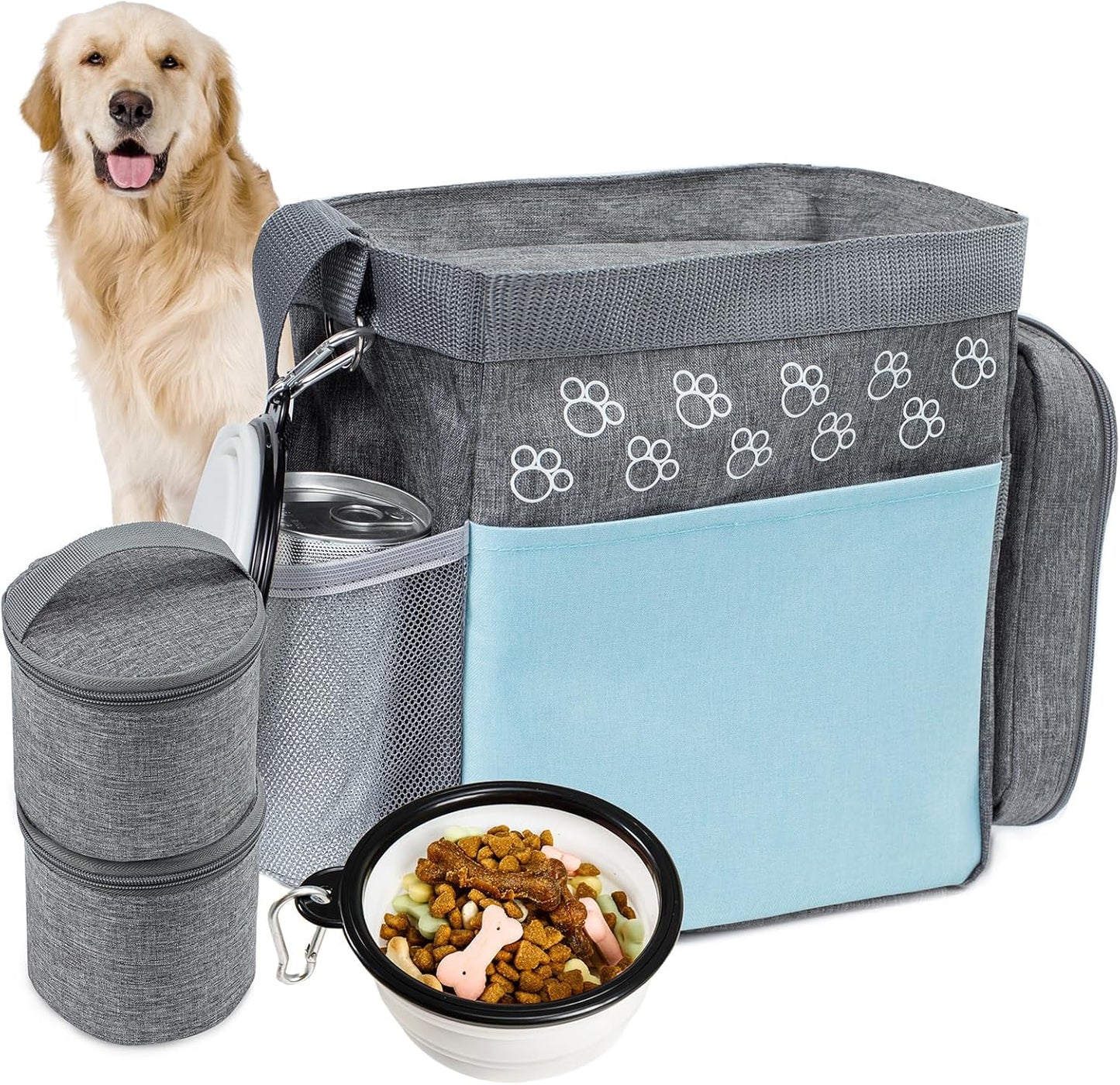 Dog Travel Bag with Treat Pouch, Airline Approved Dog Bags for Traveling, 2 Dog Food Travel Container, 2 Travel Bowls, Weekend Dog Travel Bag for Supplies, Dog Travel Kit Accessories
