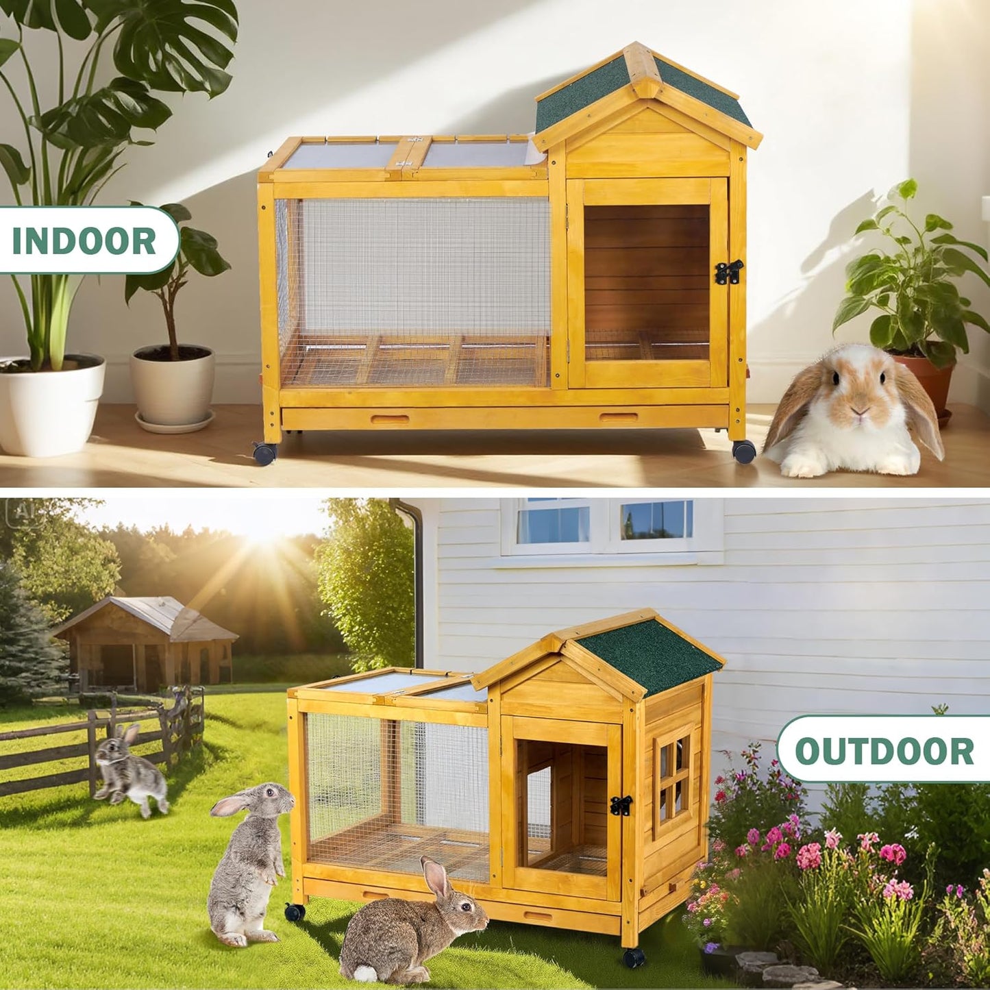 Wooden Rabbit Hutch with Waterproof Roof,Outdoor/Indoor Bunny Cage with Removable Slide-Out Bottom Tray, Chewproof Rabbit cage for Small-Medium Animals (Guinea Pigs, Hedgehogs)