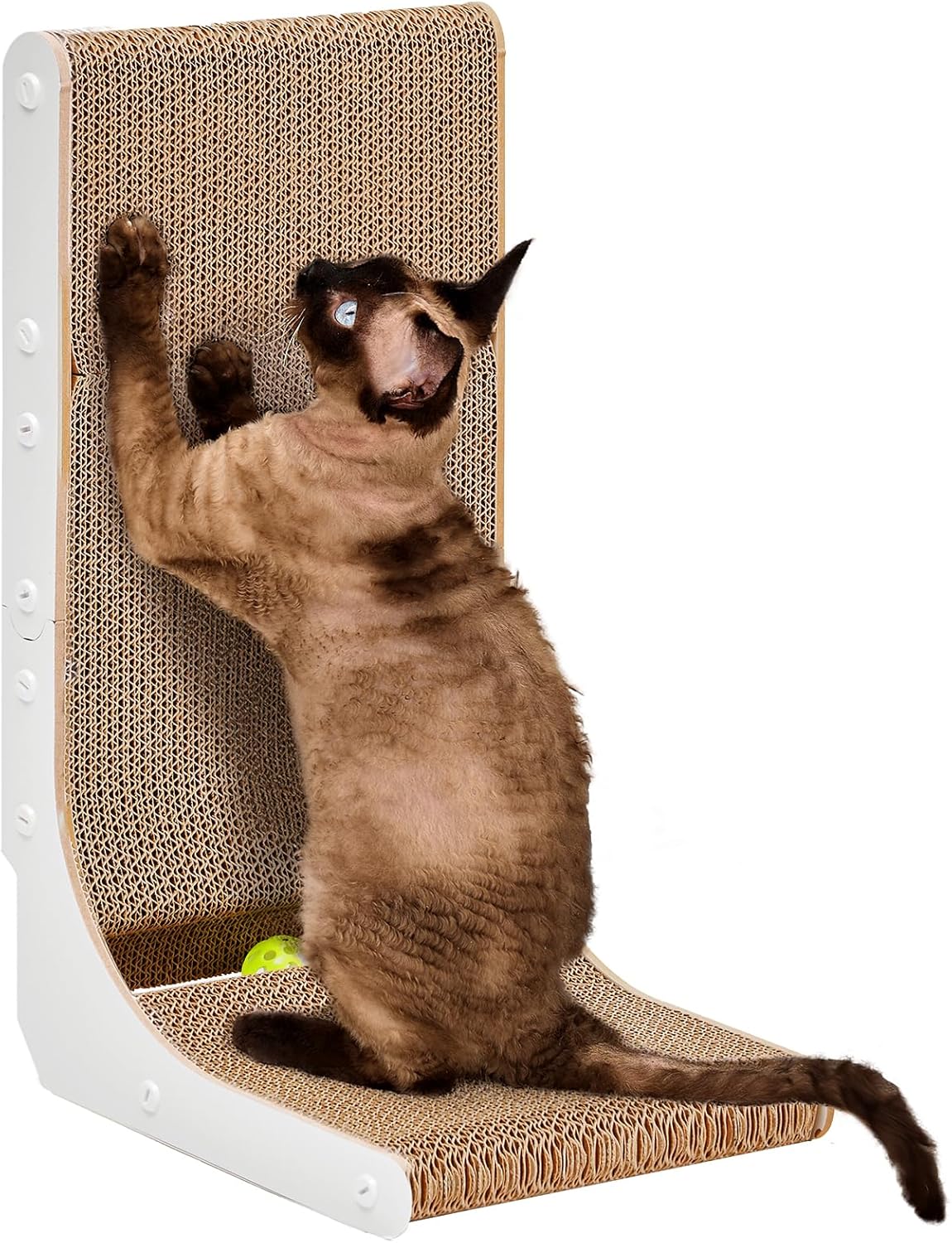 EHEYCIGA Cardboard Cat Scratcher for Indoor Kitten Cats, 19 Inch L Shaped Vertical Cat Scratching Board with Ball Cat Toy, Small Cat Scratcher Pad, White