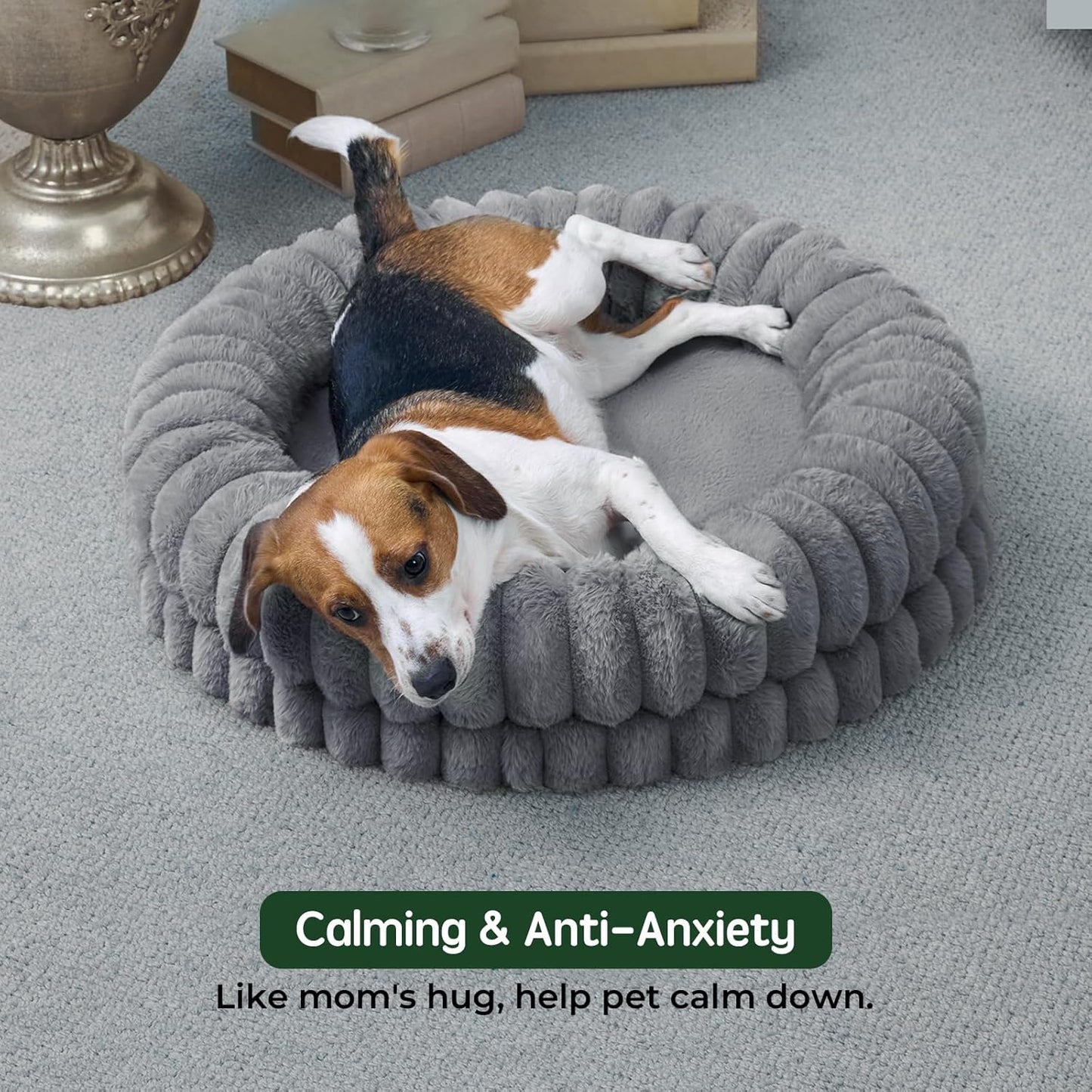BALANCE Luxury Donut Dog Bed, 30 Inches Round Dog Bed Medium Size Dogs Washable, Orthopedic Calming Dogs Bed for Pets with Anti-Slip Bottom, Gray
