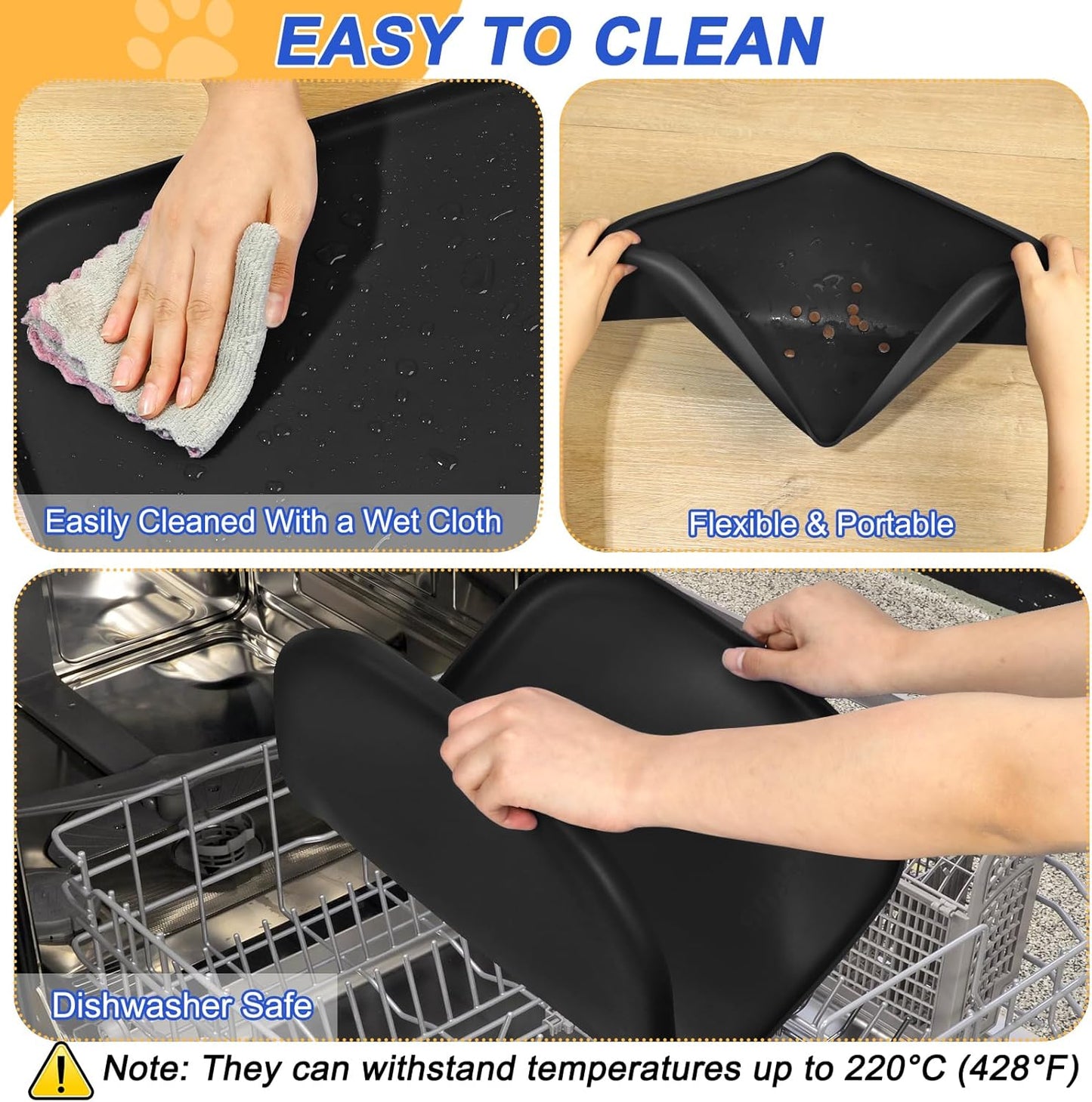 Silicone Pet Feeding Mat with Raised Edge for Food and Water, Dog Bowl Mats, Cat Bowls Placemat with High Lip for Floor Waterproof, Rubber Tray for Cats and Dogs 19 x 12 x0.7 Black