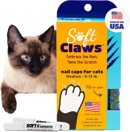 Soft Claws Cat Nail Caps for Medium Cats – (40 Caps, Blue & Green) - Made in USA - Veterinarian-Developed | Protects Furniture & Skin - Easy to Apply, Long-Lasting Anti-Scratch Soft Cat Claw Covers
