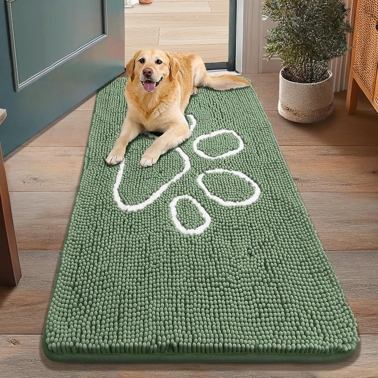 Smiry Dog Door Mat for Muddy Paws, Absorbent Dirt Trapper Non Slip Quick Dry Washable Chenille Mat for Mud Dogs, Entry Rug for Indoor and Outdoor (48x30 Inches, Olive Green and White)