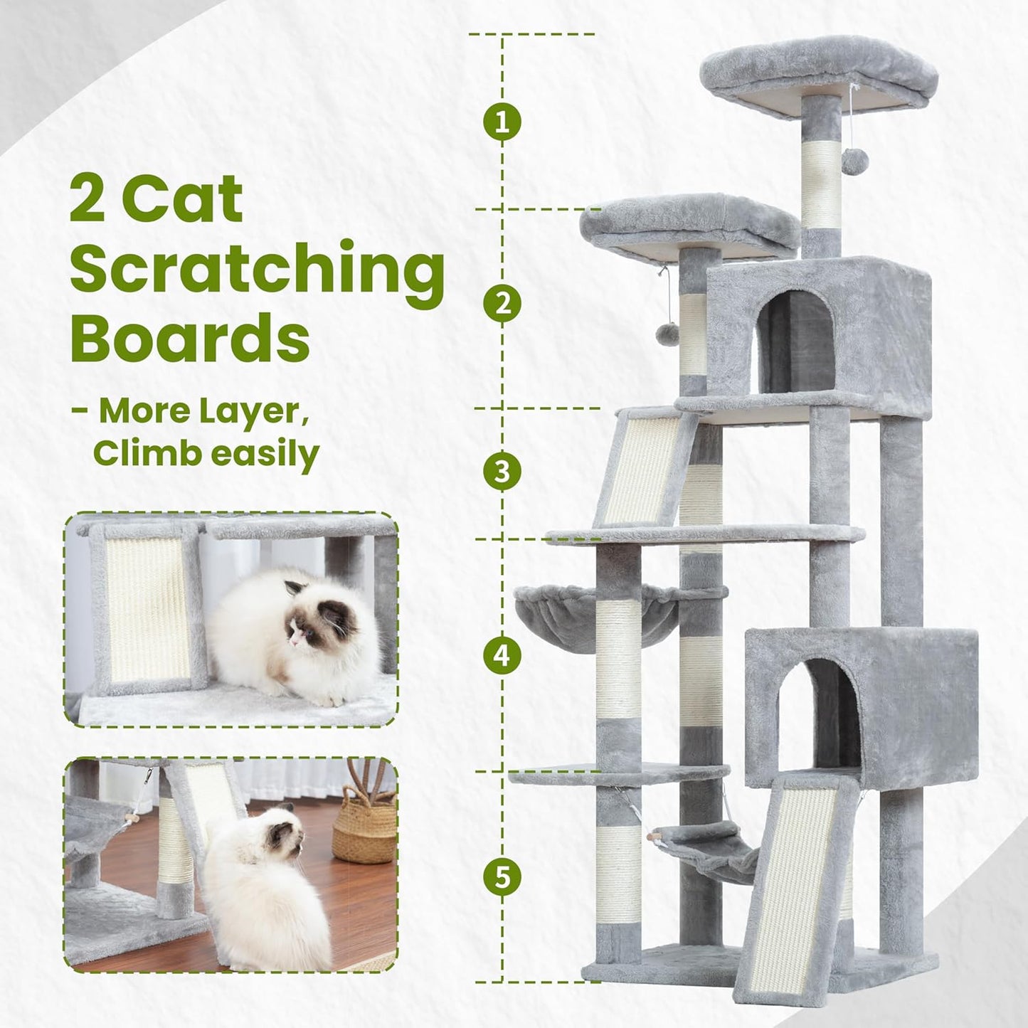 Cat Tree for Indoor Cats, 71'' (180cm) Multi-Level Cat Tower for Large Adult, Sturdy Cat Tree House with 2 Scratching Boards 7 Posts, 2 Plush Perches/Condos, Hammock, Light Gray GCT032W