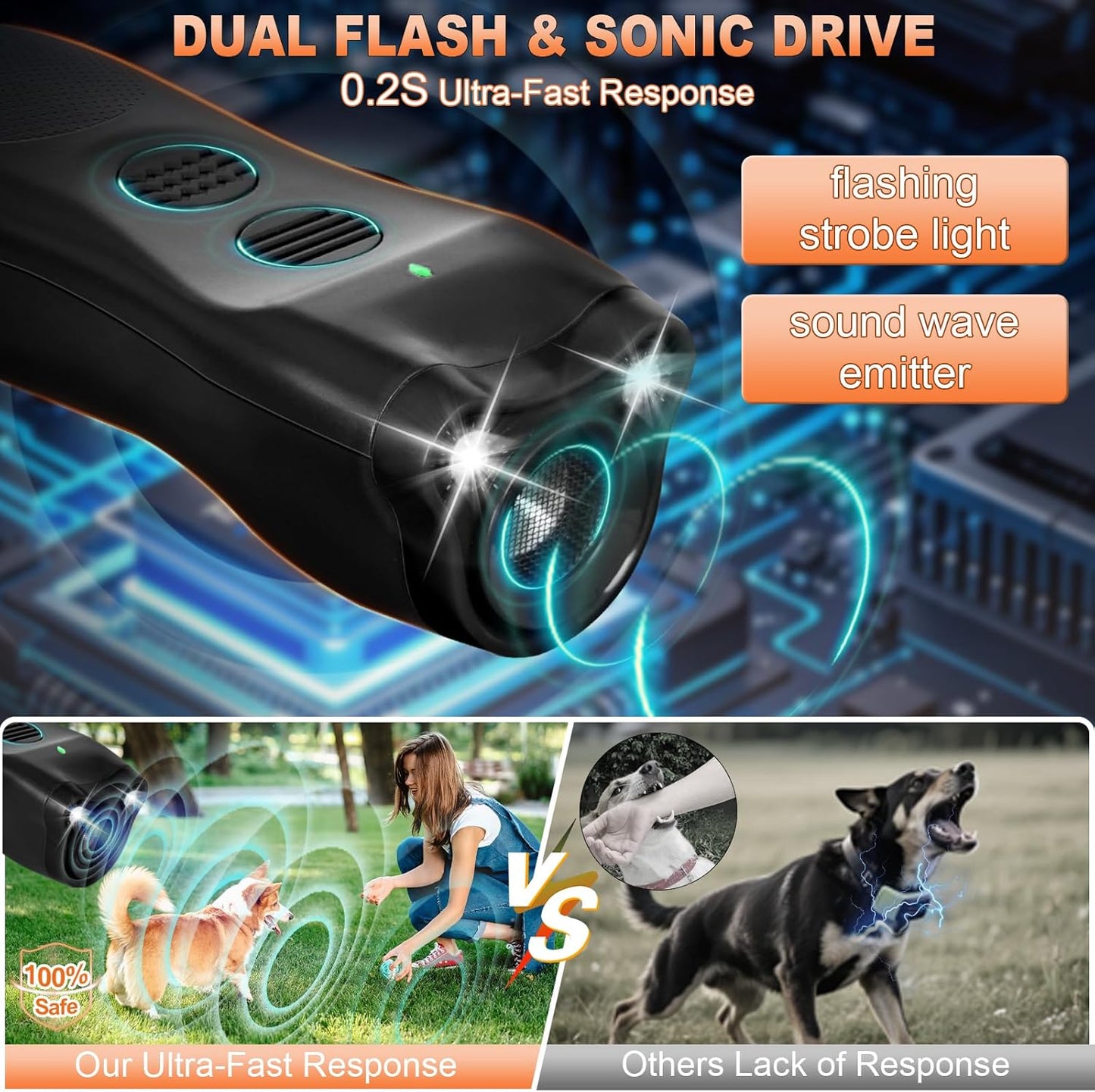 2025 Upgraded Dog Bark Deterrent Devices【Efficiency Increased 200%】【 1S Quick Response 】 100% Pet Safe, 3-in-1 Ultrasonic Dog Bark Deterrent Suitable for Indoor and Outdoor Use-Balck