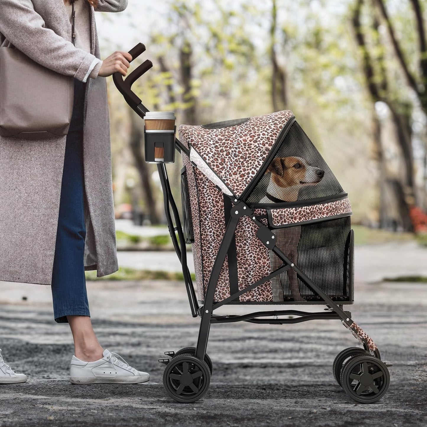 MoNiBloom 4 Wheels Pet Stroller, Easy-Fold Umbrella Shaped Dog Cat Jogger Stroller w/Storage Bag & Visible Mesh for Small/Medium Dogs Cats Leopard Print