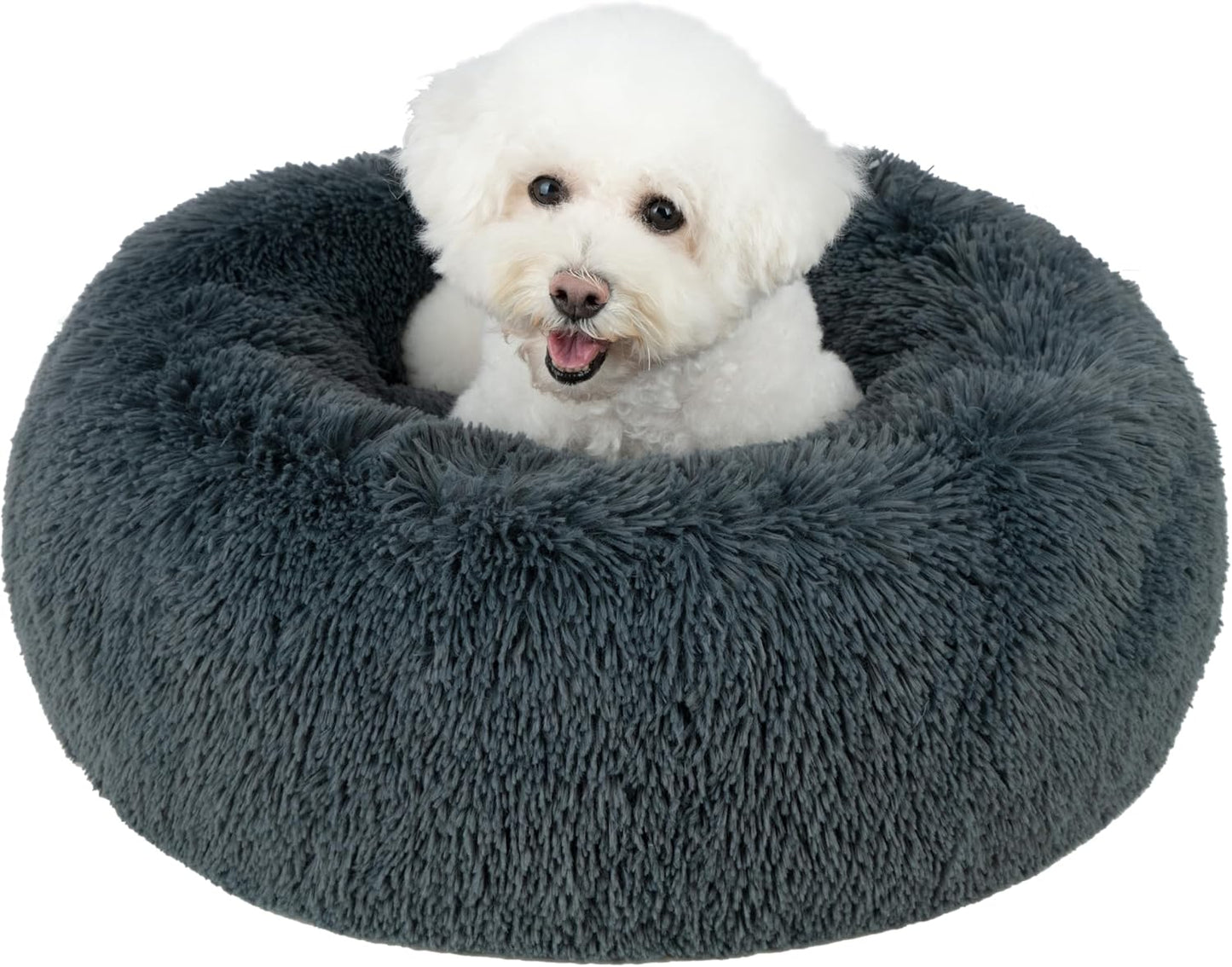 Best Pet Supplies Round Donut Dog Bed with Plush Faux Fur Fabric, Calming, Anti-Anxiety Cushion for Indoor Pets, Slip-Resistant Base, Soft Ergonomic Support - Gray, 30x30x8''