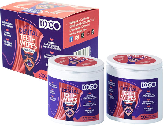 DOCO Dog Teeth Cleaning Wipes Dental Finger Wipes for Cats & Dogs Remove Plaque & Tartar, Freshen Breath, No Rinse, Easy & Effective Pet Tooth Cleaning Kit for Oral Care, Bacon Flavor, 100 Count