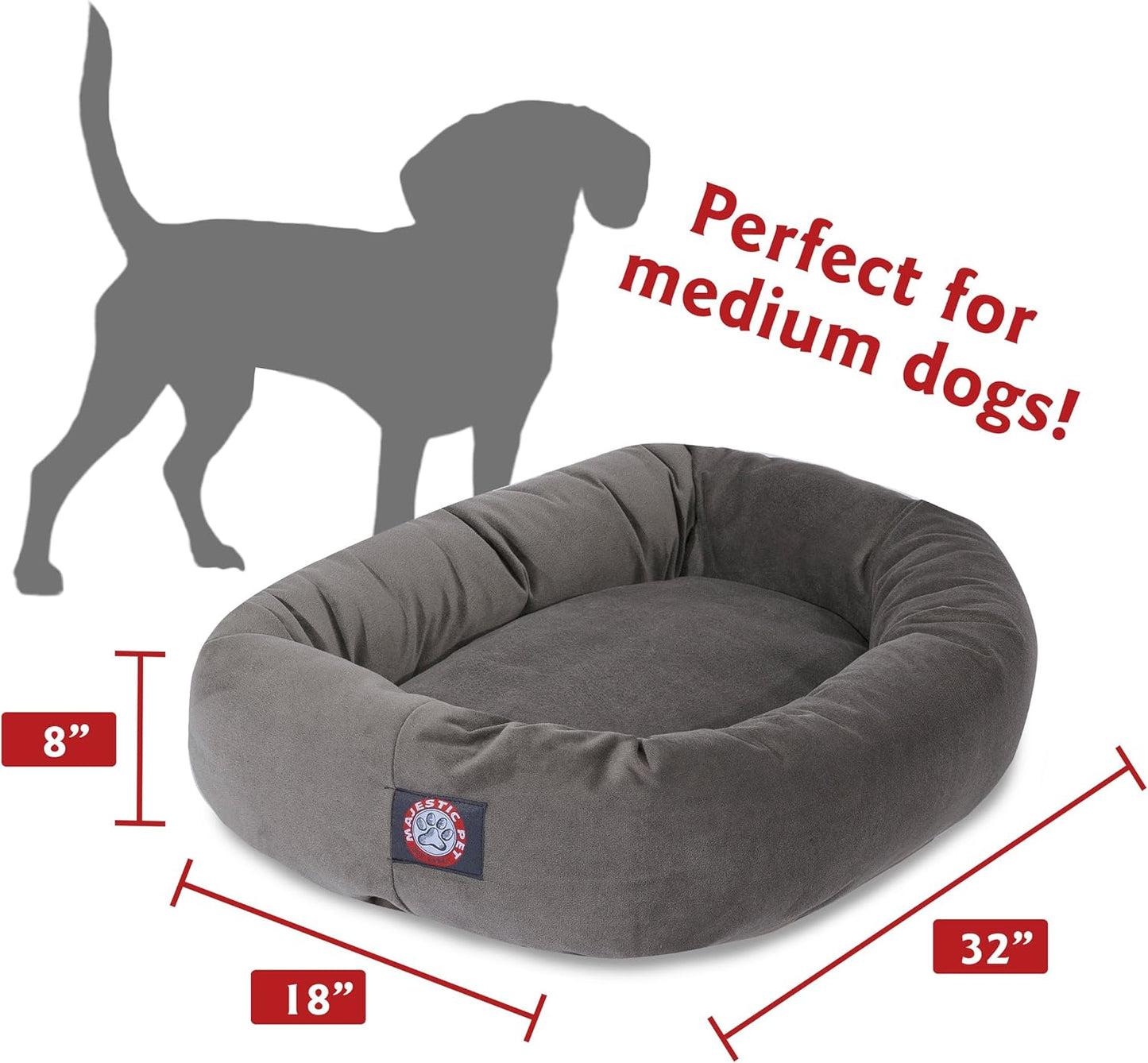 Majestic Pet 32 Inch Suede Calming Dog Bed Washable 32x23x7 (Inch) – Cozy Soft Round Donut Dog Bed with Spine Support for Dogs to Rest Their Head - Pet Bed Medium – Gray