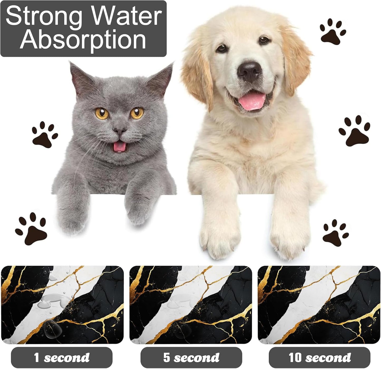 Black Gold Marble Dog Cat Food Mat-Absorbent Placemat for Food and Water Bowl, Waterproof Non Slip Rubber Backing Dog Food Mats for Floors, Pet Supplies 16 * 24 inch