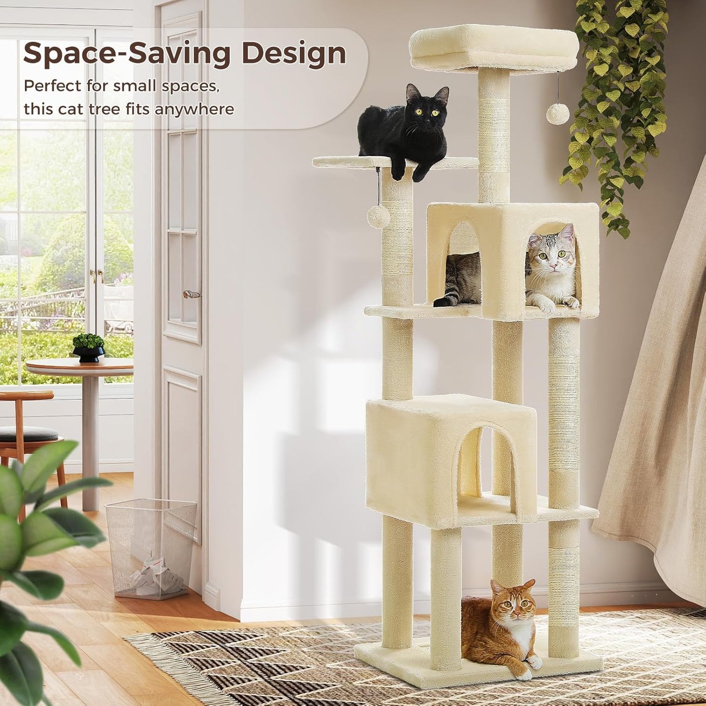 Cat Tree for Indoor Cats, Multi-Level Cat Tower with Sisal Scratching Posts, Padded Platform, Multi-Level Cat Condo w/Soft Bed & Scratching Pad, 2 Pompoms, Sturdy Base, Beige