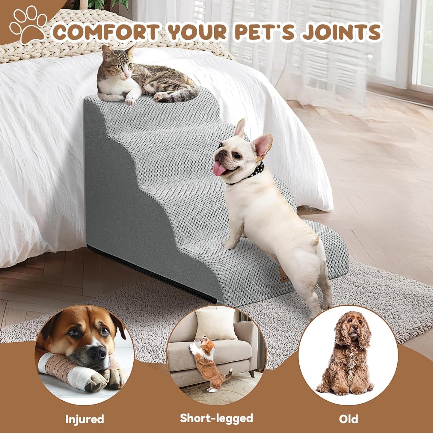 Dog Ramp and Stair for Bed 16" H-20 H,3-Step Cat Stair for Sofa and Chair,4-Step Dog Ramp for High Bed and Window,Durable Nonslip Fabric Cover for Indoor (Light Grey-20 H, Pet Friendly, 4)