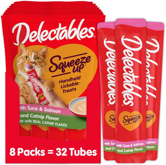 Delectables Squeeze Up Creamy Squeezable Puree, Lickable Wet Cat Treats, Grain Free, No Added Fillers, No By-Products, No Added Preservatives, 0.5 Ounces Tube Tuna & Salmon with Catnip, 32 Tubes Total