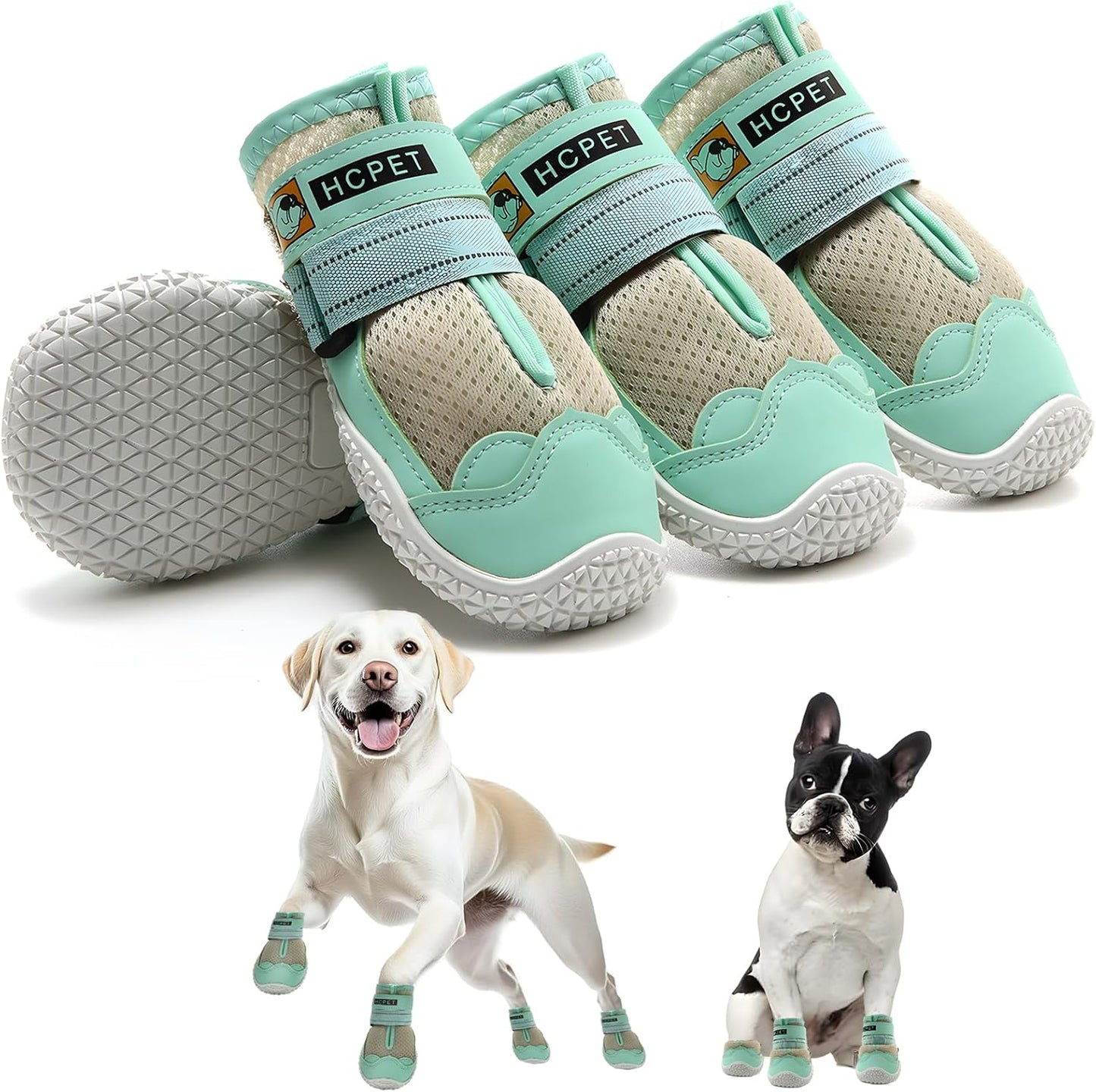 Hcpet Dog Shoes for Large Dogs, Breathable Dog Booties for Small Medium Dogs, Anti-Slip Dog Boots & Paw Protectors for Hot Pavement Winter Snow Hiking with Reflective Straps Green Size 1