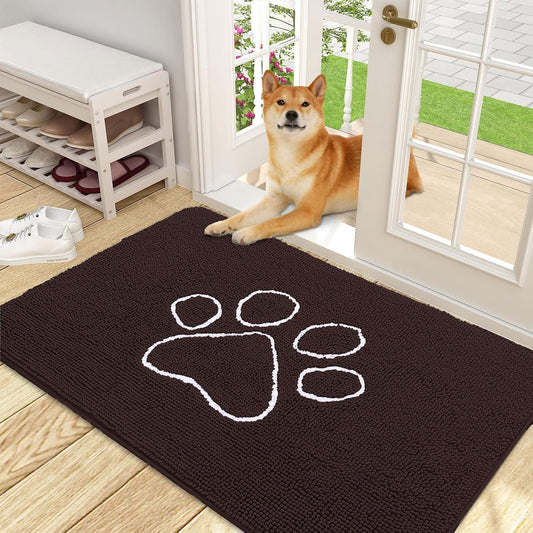 OLANLY Door Mat for Muddy Dog Paws 48x30, Ultra Absorbent Chenille Mud Doormat with Paw Print Design, Non-Slip Washable Doormat for Indoor Entryway, Quick-Dry Pet Bed Mats for Dirty Dogs, Brown