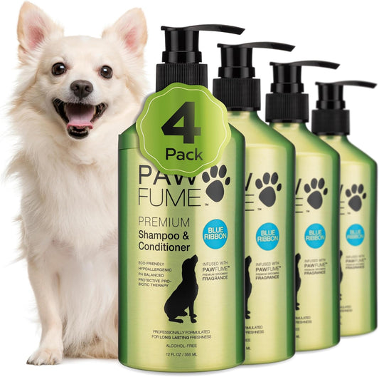 PAWFUME Dog Shampoo and Conditioner, Blue Ribbon, 4-Pack – Nourish & Detangle for a Silky Soft Coat – Probiotic, Deep-Cleaning, pH-Balanced Formula – Puppy Shampoo and Conditioner for All Breeds