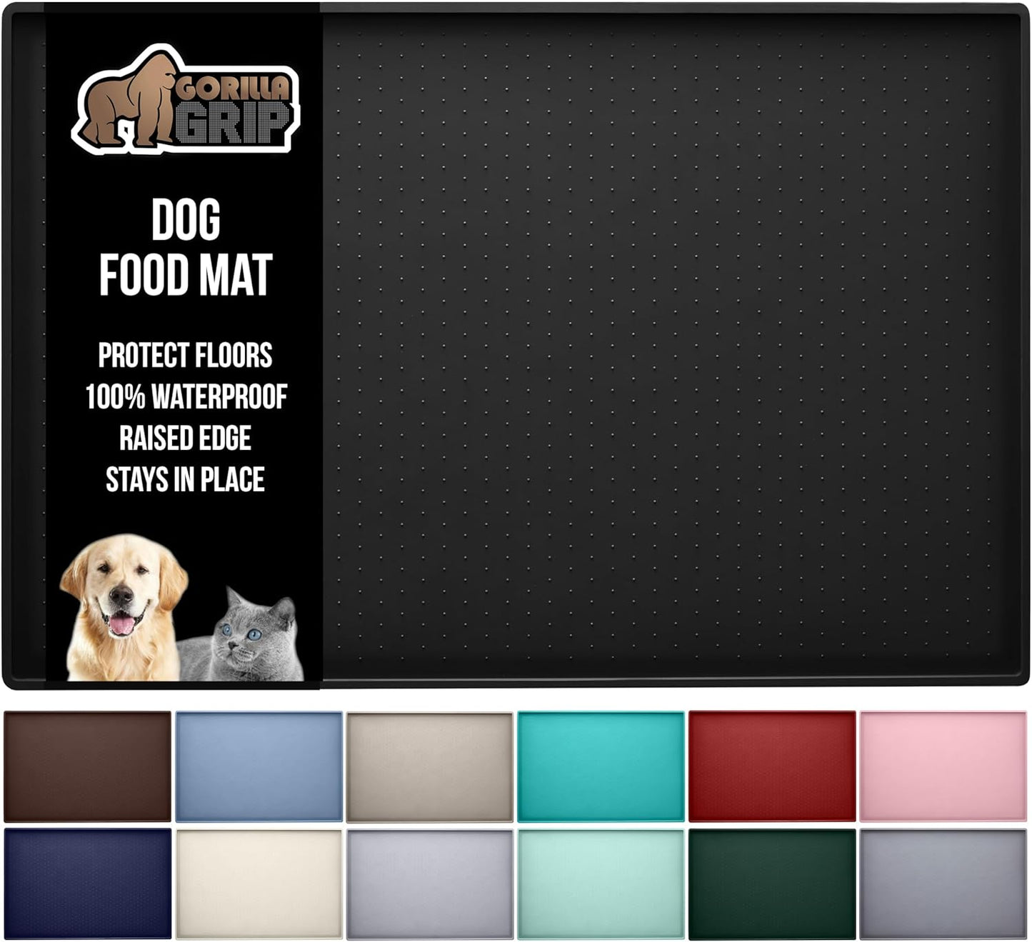 GORILLA GRIP 100% Waterproof Raised Edge BPA Free Silicone Pet Feeding Mat, Dog Cat Food Mats Contain Spills Protects Floors, Placemats for Cats and Dogs Water Bowl, Pets Accessories 32x24 Black