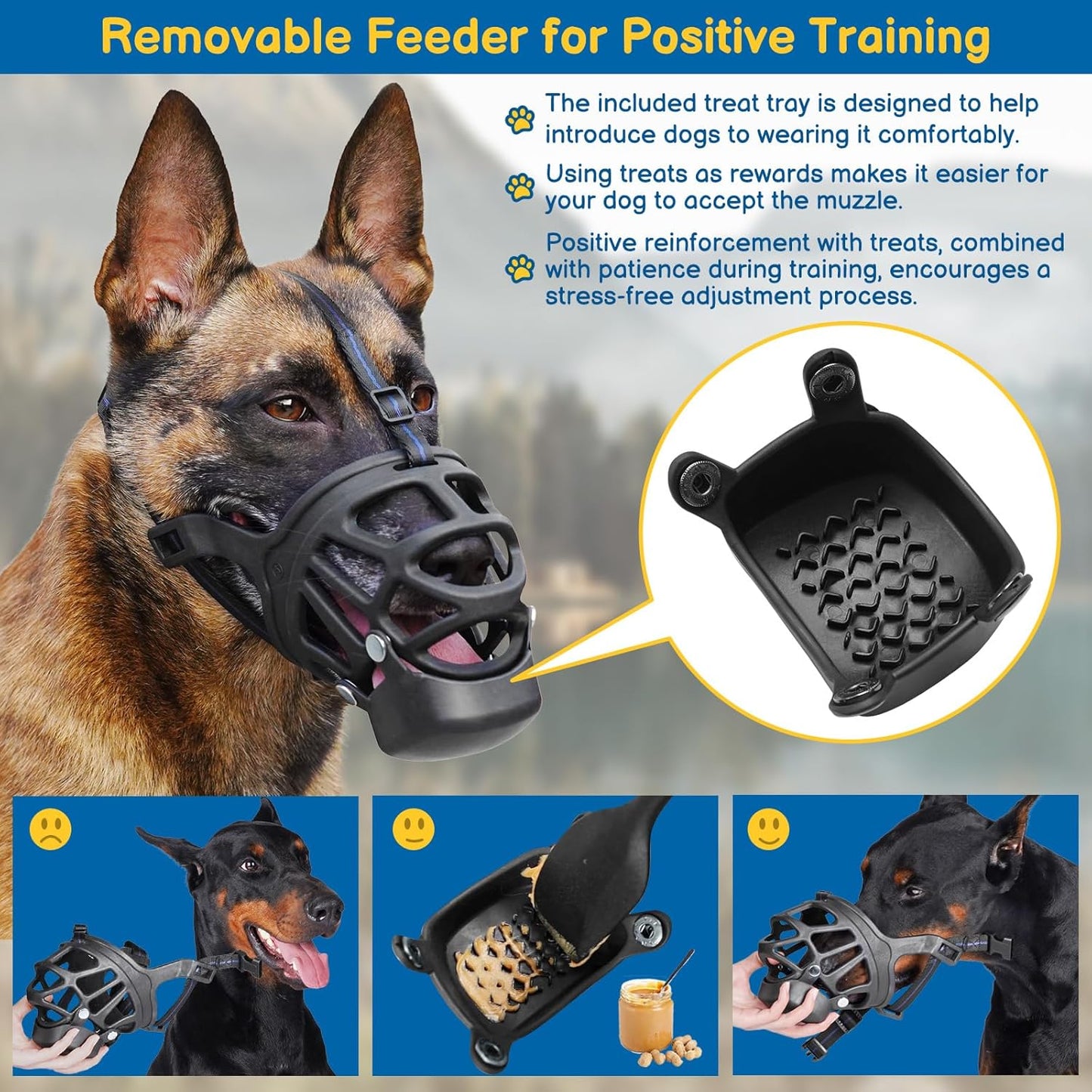 BARKLESS Basket Muzzle for Medium Dogs, Humane Muzzle to Prevent Biting and Scavenging, Snap-on Treat Cover Helps Dogs Acclimatize Mouth Cover, Adjustable Mouth Guard for Positive Training, Grooming