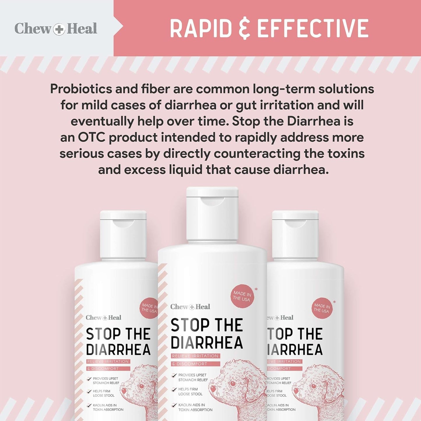 Chew + Heal Labs Anti Diarrhea for Dogs - 12 oz. of Stop The Diarrhea Liquid Supplement with Kaolin for Upset Stomach Relief - Made in The USA