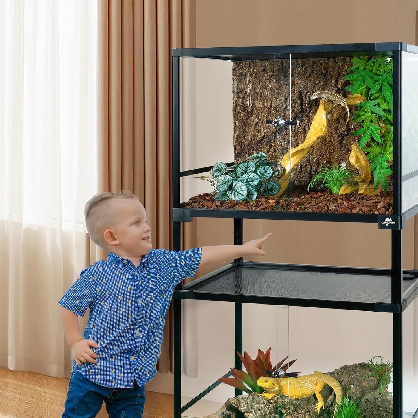 Double Stacked Reptile Tank, 24" x 18" x 44" Tall Reptiles Terrarium, Front Opening, Full Vision, Knock Down, 2 Pack 34 Gallon Glass Cage for Reptile, Bearded Dragon, Lizard, Snake, Gecko