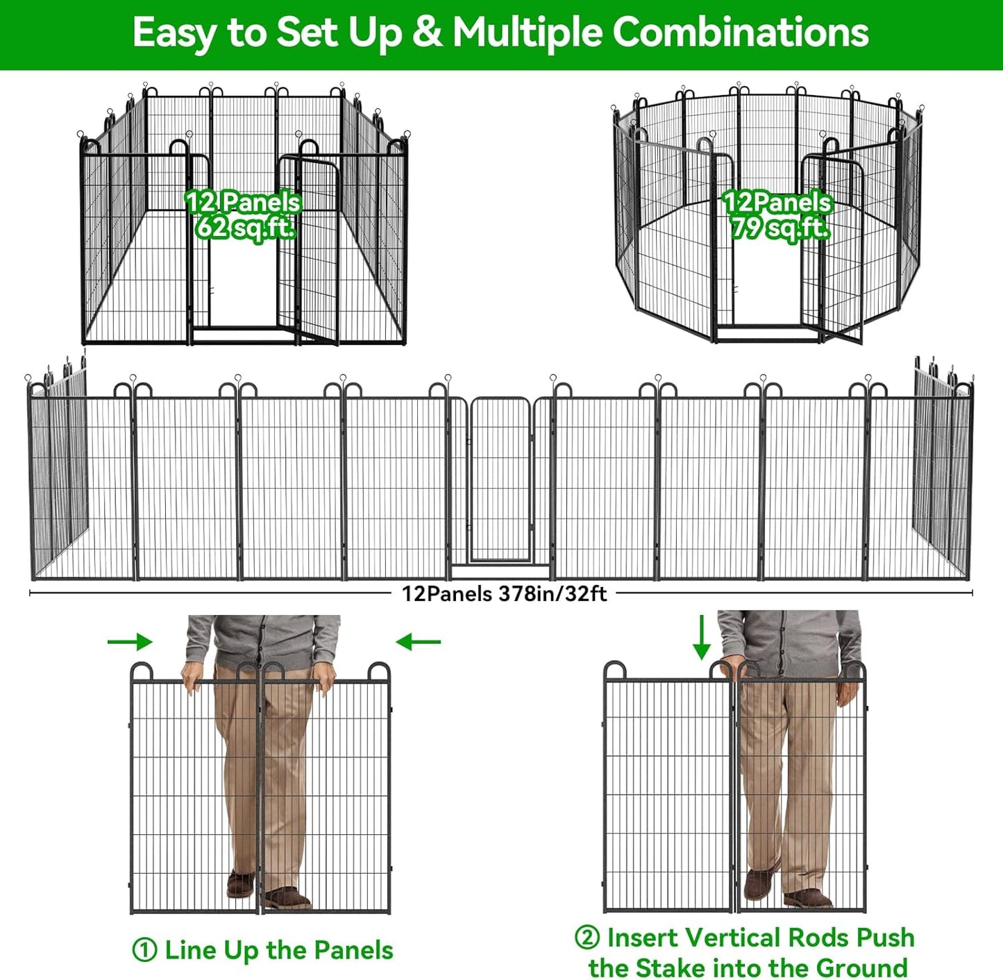 Dog Playpen Outdoor 12 Panels Heavy Duty Dog Fence 47" Height Anti-Rust with Doors Portable for RV Camping Yard, Total 27FT, 58 Sq.ft, Snowy Black