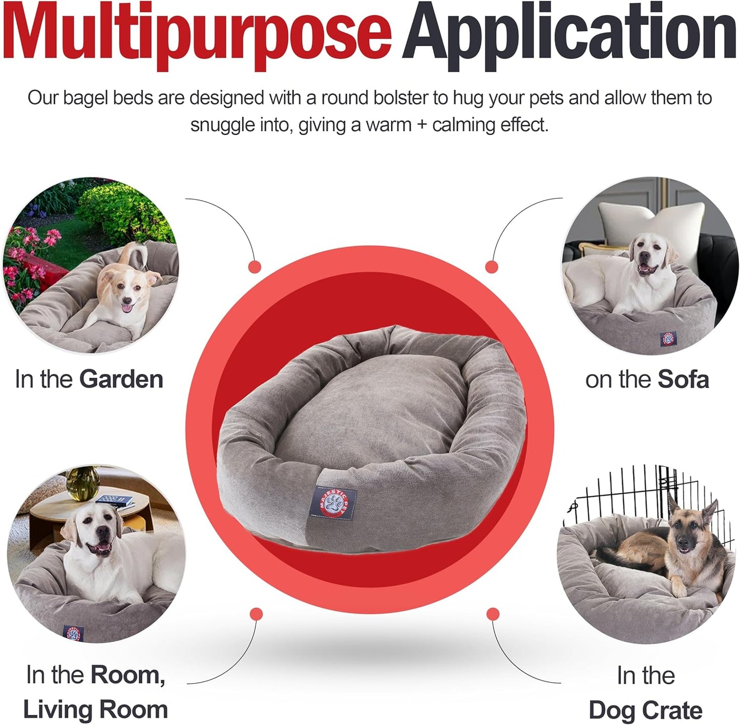 Majestic Pet 40 Inch Micro Velvet Calming Dog Bed Washable – Cozy Soft Round Dog Bed with Spine for Head Support - Fluffy Donut Dog Bed 40x29x9 (inch) – Round Pet Bed Large - Vintage