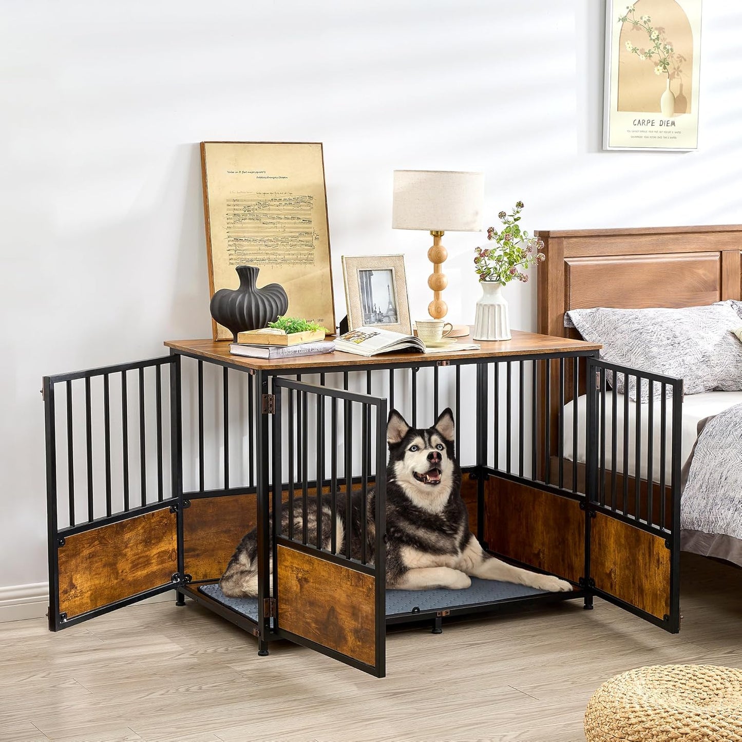 KOOPRO 43.7" Inch Dog Crate Furniture with Cushion for Large Dogs, Wooden Heavy Duty Dog Kennel with Double Doors Indoor, Decorative Pet House Dog Cage Side End Table, Rustic Brown