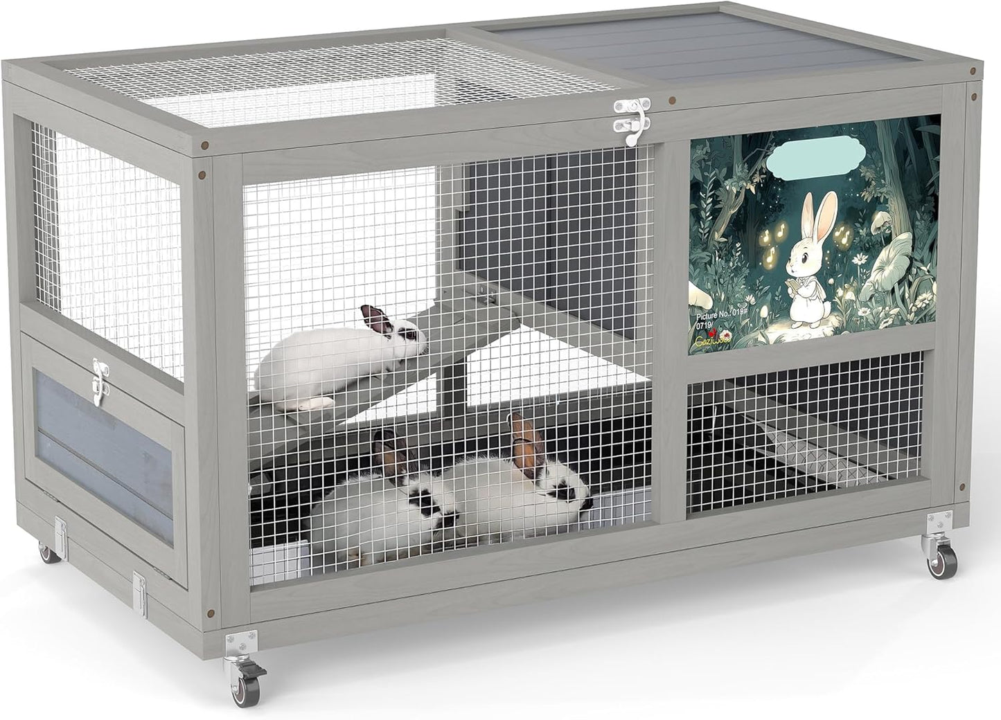 COZIWOW Fashionable Wood 36In Rabbit Hutch Indoor on Wheels Bunny Cage Outdoor Rabbit Cage with Clean Tray, Openable Roof, Anti-Slip Ramp for Small Bunny Rabbit (Grey with Pattern)