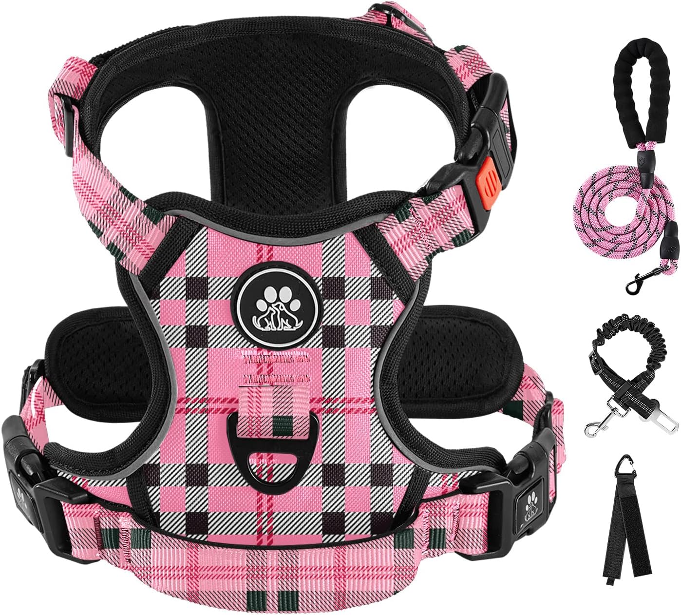 IVY&LANE No Pull Dog Harness with Leash Set, Reflective No Choke Pet Vest,Adjustable Oxford Dog Vest Harness with Easy Control Handle for Large Dogs (Checkered Pink,L)