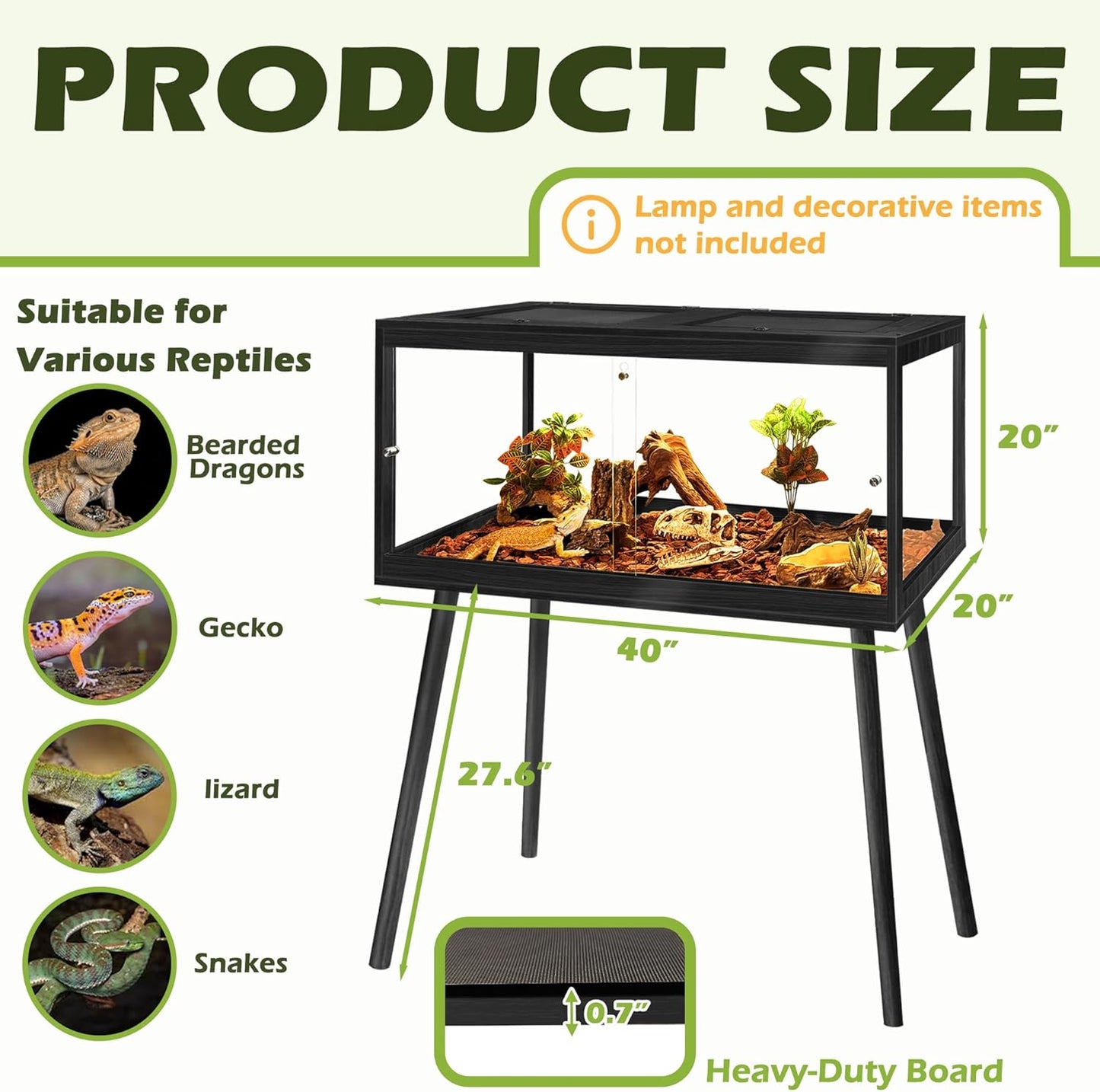 PROLEE Bearded Dragon Tank with Leg,Tempered Glass Lizard Tanks and Reptile Enclosure,Up to 78 Gallon Reptile Tank with Metal Mesh and Lockable Door for Snakes,Chameleon (Black, 60Gallons,40inch)