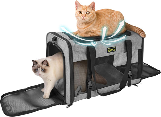 Cat Carrier for 2 Cats/Kitten, Pet Carrier for Cat, Puppy, Small Dog & Bunny, Foldable Soft-Sided Travel Pet Bag, Sturdy Frame Support, up to 25 lbs, Car Seat Belt Compatible, 20x13x13 in, Gray