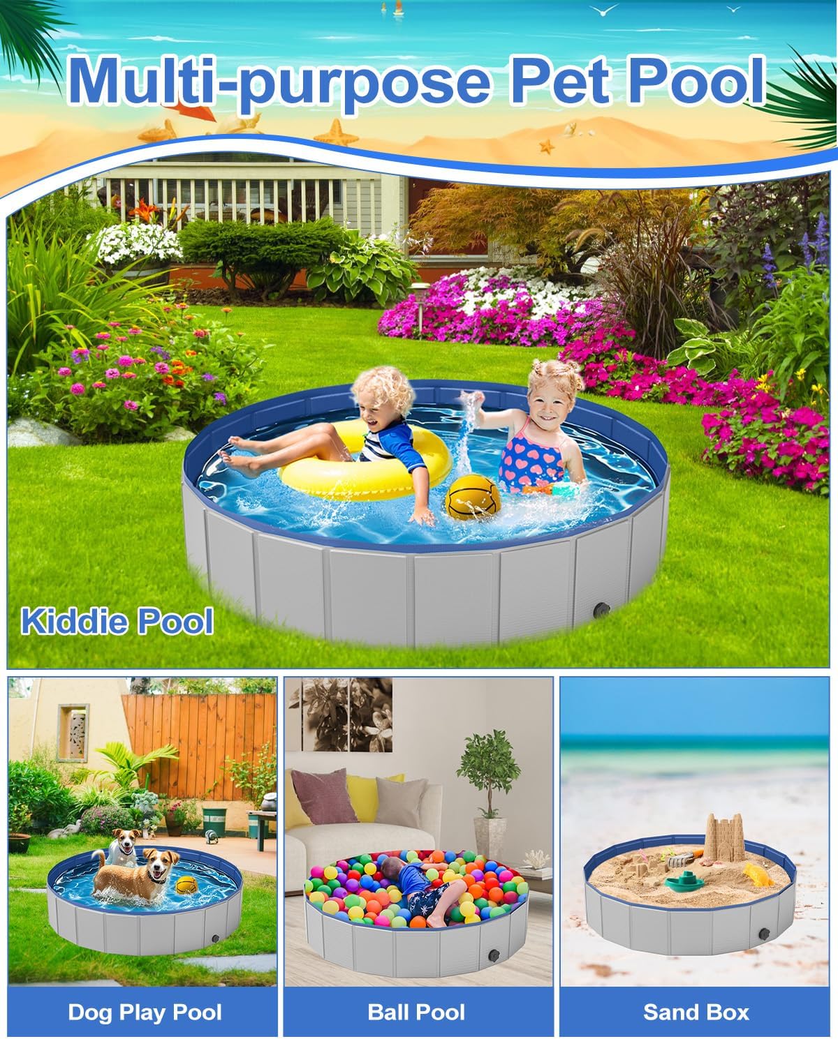 Dog Pool for Large Dogs, Foldable Plastic Pool for Dogs Slip-Resistant (47.2''x 12'')