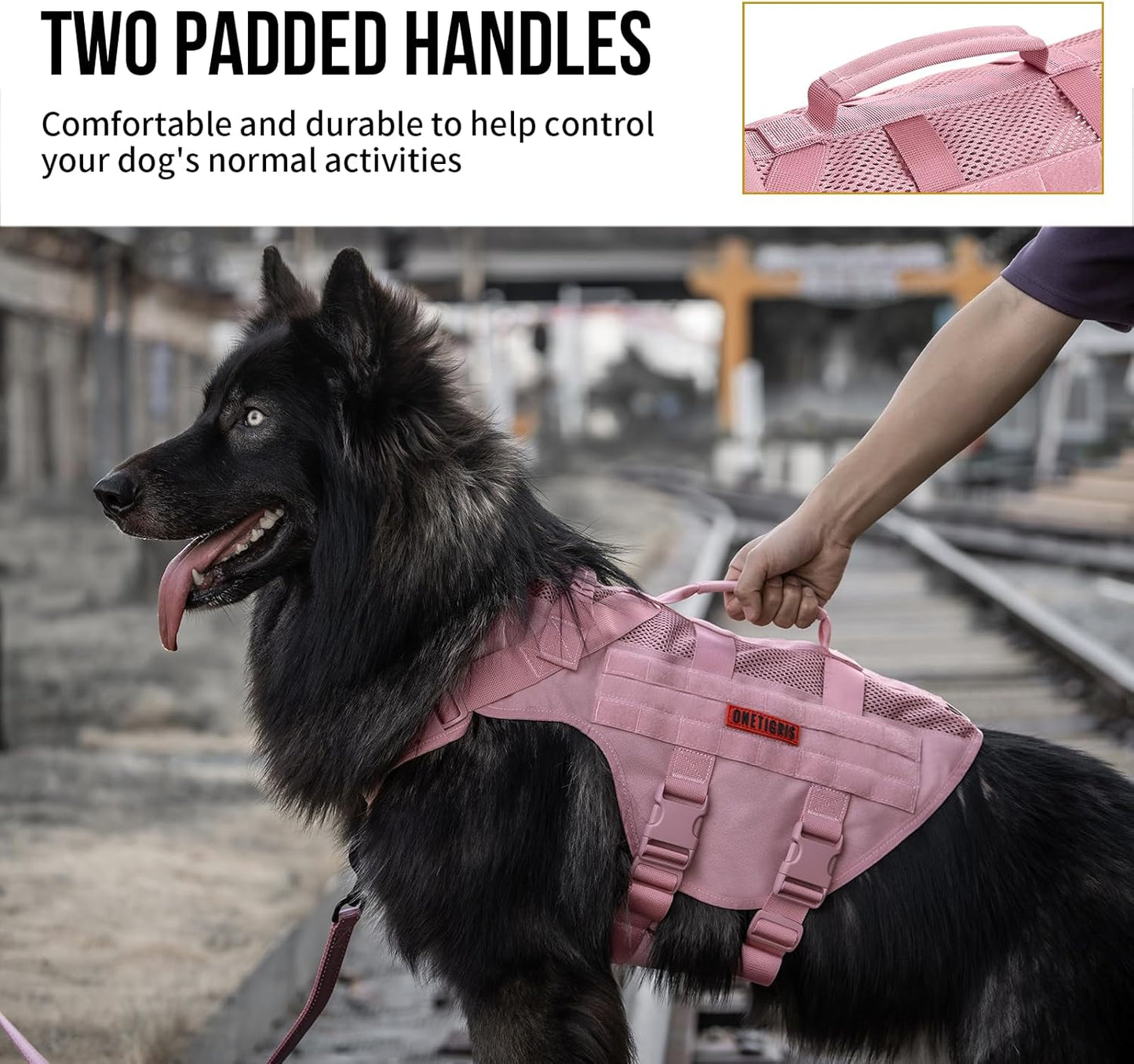 OneTigris Tactical Dog Harness for Small Dog, No Pull Small Dog Vest Harness with Handles Breathable Military Dogs Molle Vests for Walking Hiking Training (Pink, Medium)