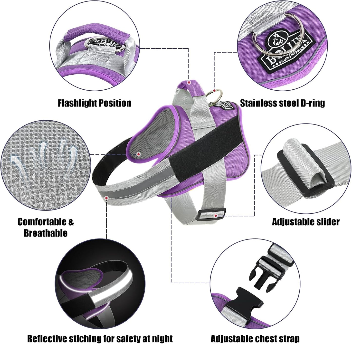 Bolux Dog Harness, No-Pull Reflective Dog Vest, Breathable Adjustable Pet Harness with Handle for Outdoor Walking - No More Pulling, Tugging or Choking (Lavender, X-Small (Pack of 1))