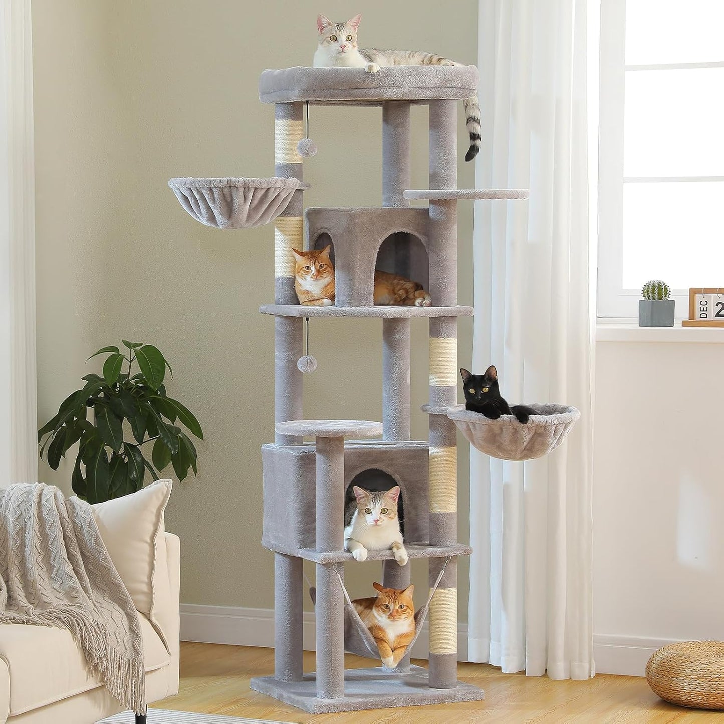 71.2" Tall Cat Tree for Indoor Cats - 9-Level Multi-Cat Tower w/5 Sisal Scratching Posts, 2 Condos, 3 Hammocks, Perch & Pom Poms - Heavy-Duty for Adult Cats, Space-Saving Plush Gray