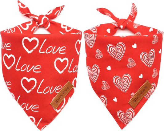 Realeaf Valentines Day Dog Bandanas 2 Pack, Reversible Love Pet Scarf for Boy and Girl, Premium Durable Fabric, Heart Bandana for Small Medium Dogs (Small)