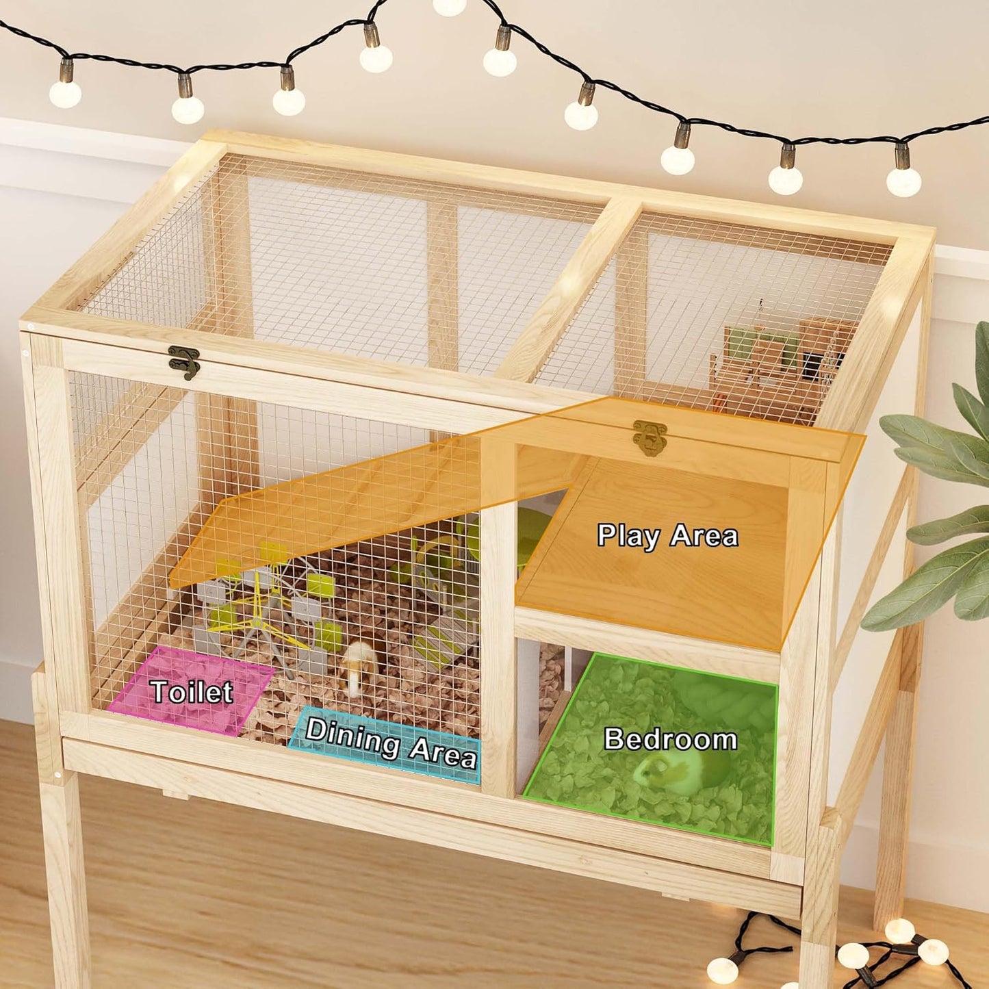 Guinea Pig House for 2 with Stand, Small Animals Rabbit Cages with a Pull Out Tray, Wooden 2-Story Indoor Large Hamster Habitat Playpen with Ramp, Hideout, Platform