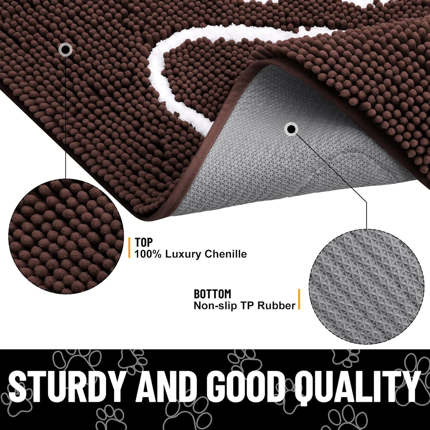 Smiry Dog Door Mat for Muddy Paws, Absorbent Dirt Trapper Non Slip Quick Dry Washable Chenille Mat for Mud Dogs, Entry Rug for Indoor and Outdoor (47x32 Inches, Brown and White)