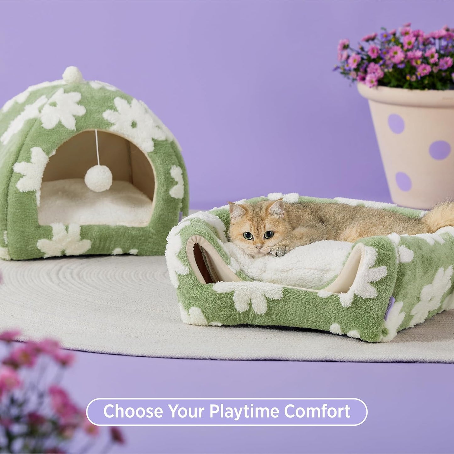 Lesure Cute Cat Beds for Indoor Cats - 2 in 1 Cat Cave Bed for Kittens and Small Pets with Removable Washable Cushioned Pillow, Cozy Ktten Tent with Non-Slip Bottom, Green, 16 inches