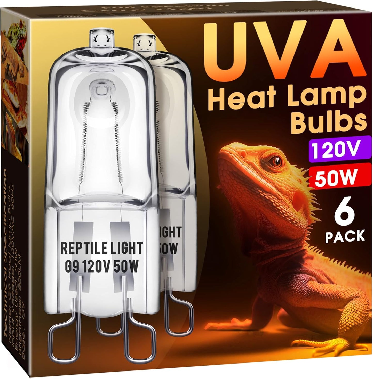 Briignite G9 Heat Lamp Bulbs for Reptile, Mini Reptile Light, Dimmable G9 Mini Heat Bulbs Warm White 50W, 2 Pin Base UVA Reptile Heat Lamp, Bearded Dragon Gecko Turtle Lizard, 6 Pack