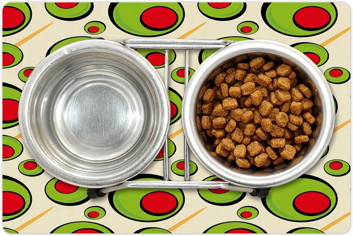 Lunarable Vintage Pet Mat for Food and Water, Repeated Pattern Olives with Toothpicks for Cocktail Martini, Non-Slip Rubber Mat for Dogs and Cats, 18" X 12", Cream Lime