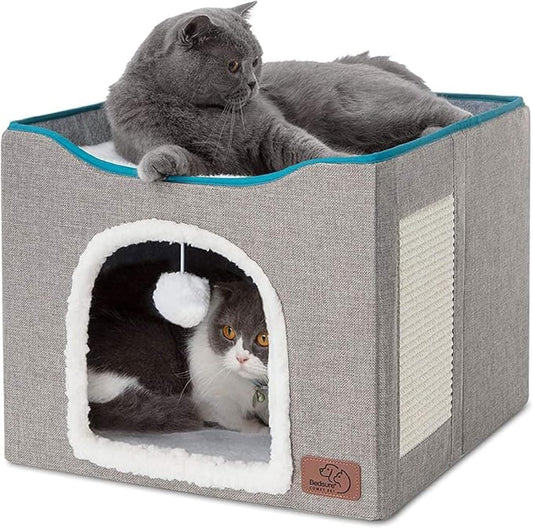 Bedsure Cat Beds for Indoor Cats - Large Cat Cave for Pet Cat House with Fluffy Ball Hanging and Scratch Pad, Foldable Cat Hideaway, 16.5x16.5x13 inches, Grey