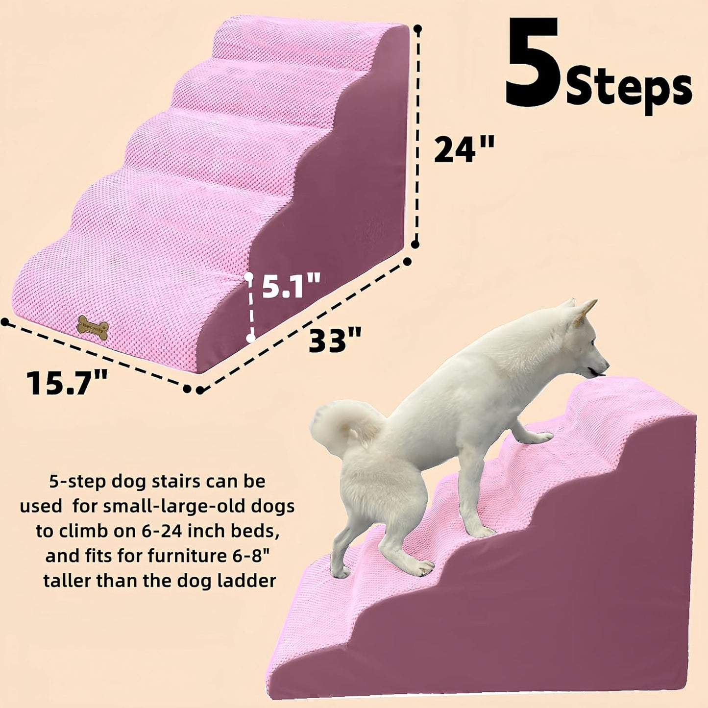 Dog Stairs & Pet Ramp for Small/Large Dogs to High Beds/Couches - 5 Steps 24-inch Height for 18-30 inch Furniture, 2 Washable Covers (Pink, Grey), Non-Slip Balanced 33D Design for Old Dogs & Cats