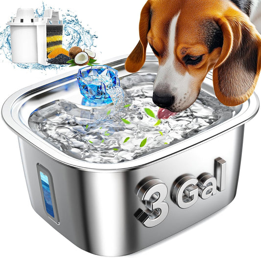 Dog Water Fountain for Large Dogs Stainless Steel, 3Gal Extra Large Dog Water Bowl Dispenser with 2 Filters & Visual Window, Automatic Filtered Pet Fountain Indoor, Quiet Safe Pump with LED Indicator