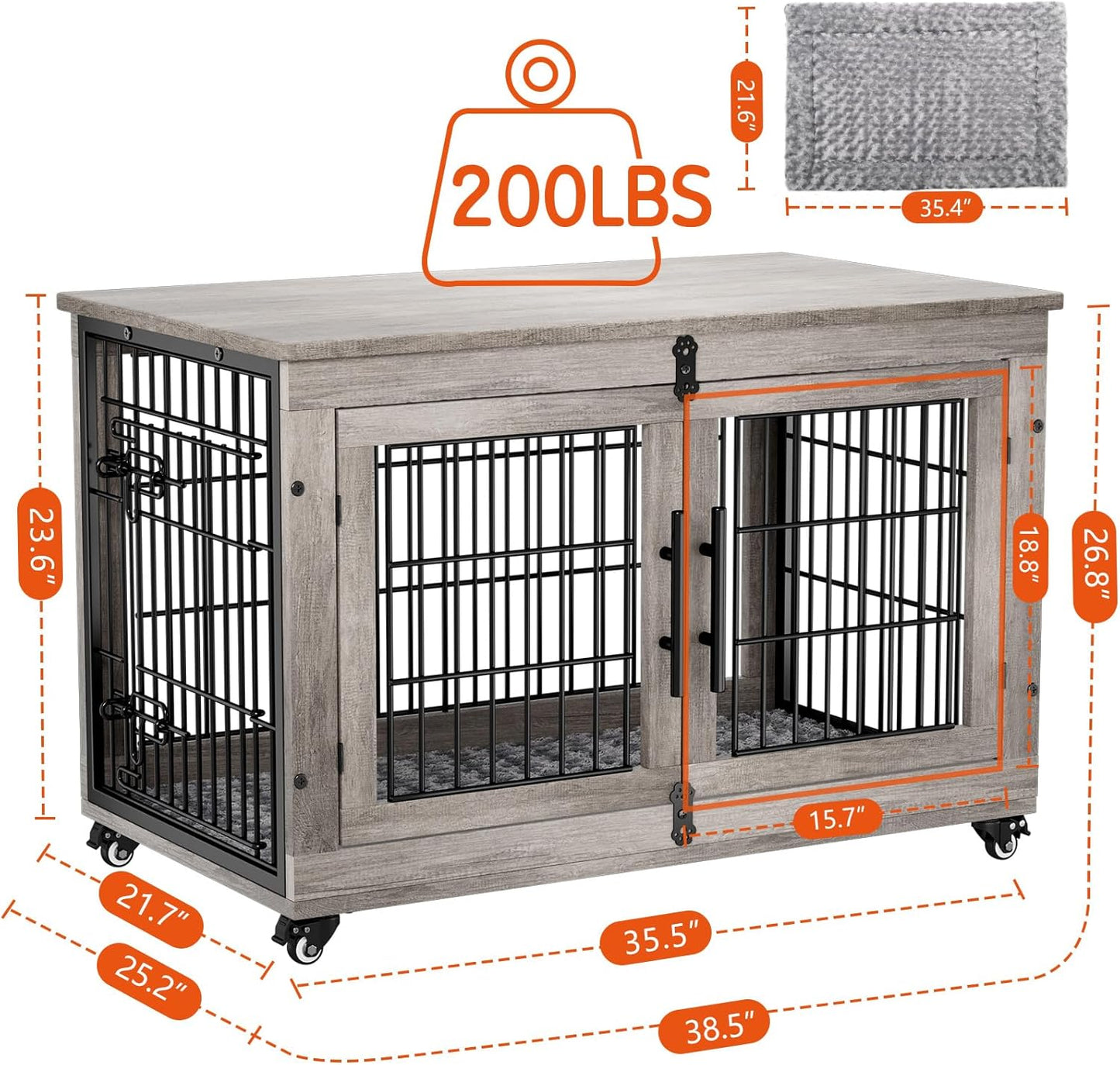 Lulive Dog Crate Furniture Set of 2, Dog Kennel Indoor Double Doors Wooden Dog Cage, 38'' Heavy Duty Dog Crate with Cushion & Wheels, End Table Pet House Chew-Resistant Up to 70 lb, Grey