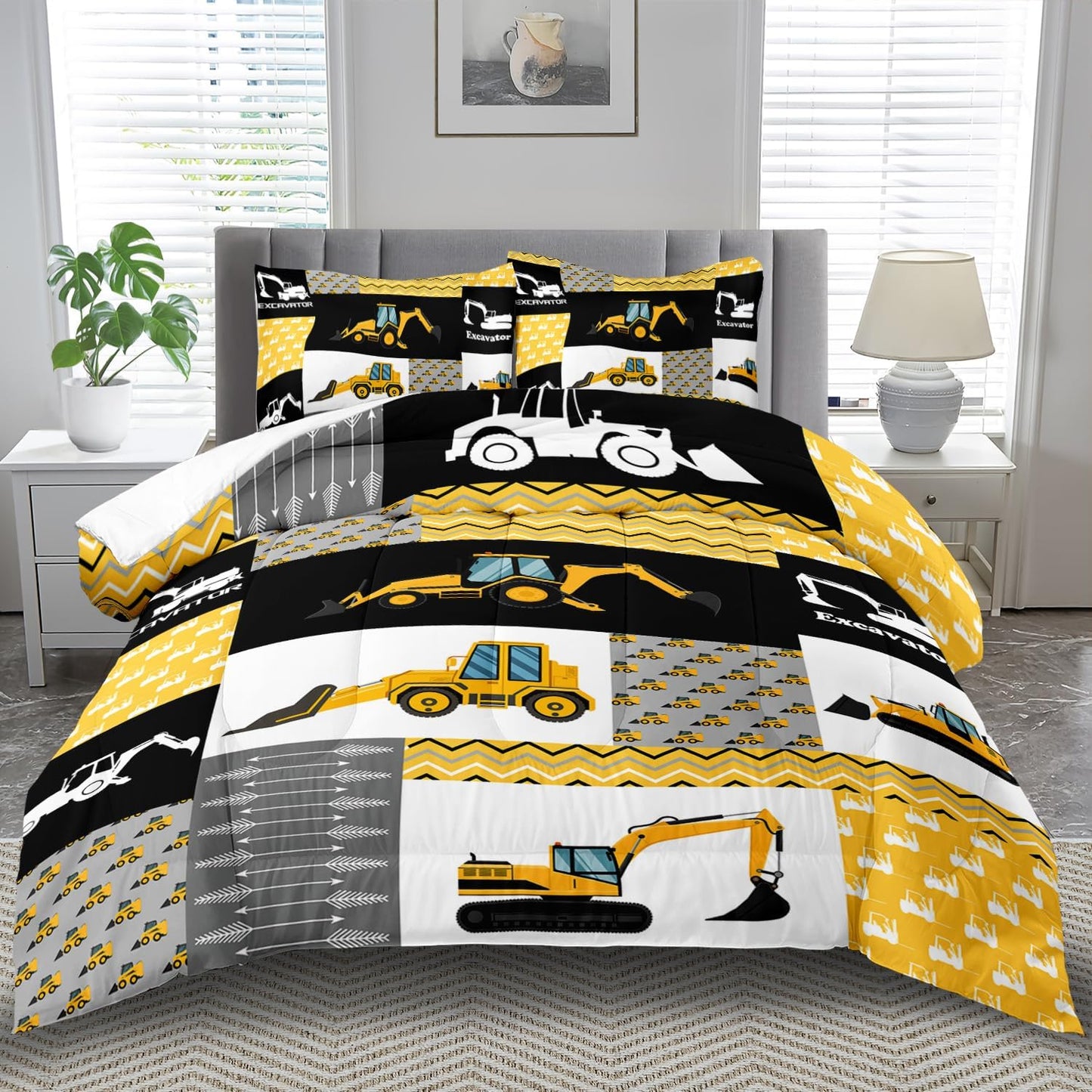 Construction Comforter Set Twin Boys,Yellow Twin Construction Bedding Set,Engineering Vehicles Comforter Yellow Bedroom Decor Kids,Truck Quilt Cartoon Truck Bedding for Teen