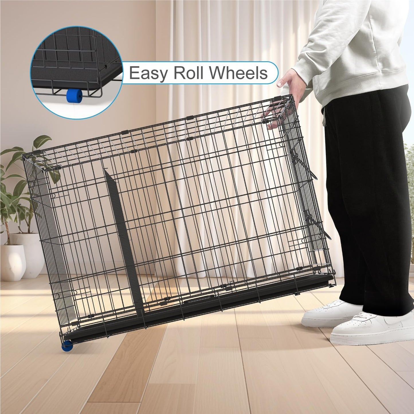 PetsTuff Great CRATES 36” Large Dog Crate - Heavy-Duty Dog Kennel with Divider Panel for Pets 40-60 lbs - Durable Leaf-Proof Tray - Foldable, Carry Handle & Wheels for Easy Moving