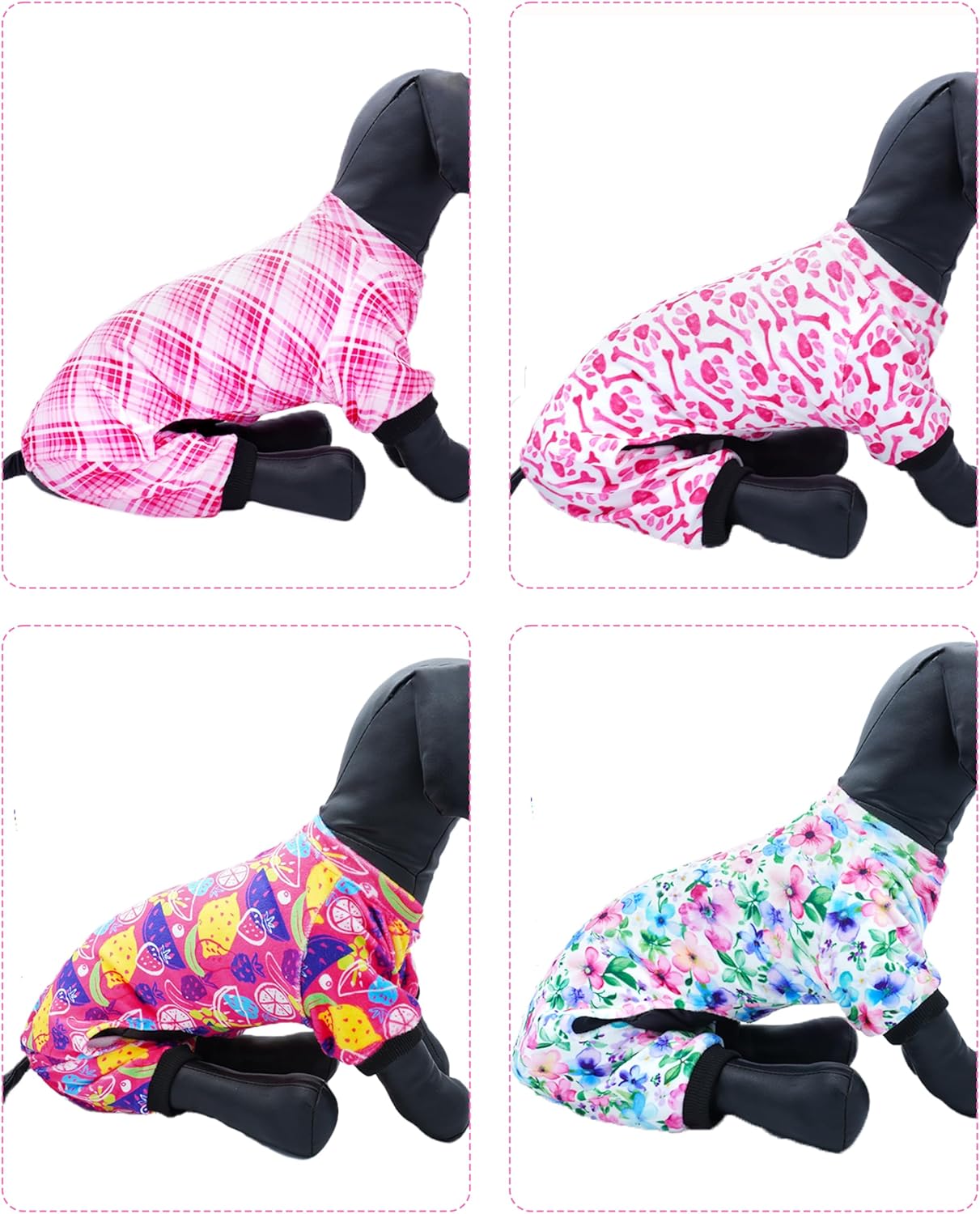 PET SHOW 4 Pack Small Dog Pajamas Cute Paw Bone Clothes for Medium Dogs Soft Stretchy PJs Plaid Jumpsuit Puppy Floral Fruits Onesies Outfits with Sleeve Pets Dachshund Costume(XXL, Pink for Girls)