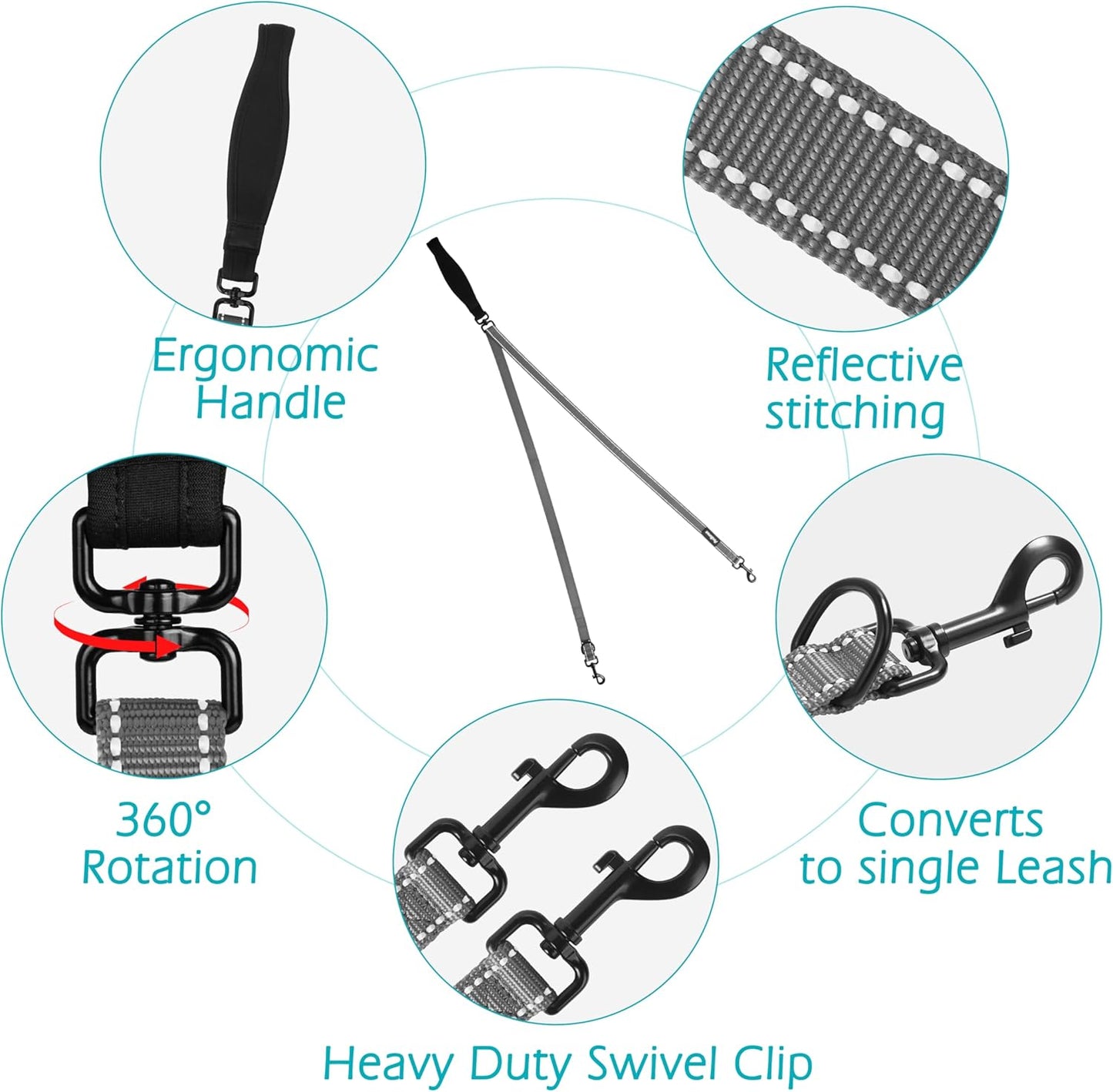 PetBonus Two Point Control Dog Leash, Works with No Pull Harnesses, No Tangle Dog Training Leashes, No Pull Padded and Reflective Walking Lead, Converts to Single Leash for Medium Large Dogs (Grey)