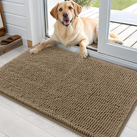 OLANLY Dog Door Mat for Muddy Paws 36x24, Absorbs Moisture and Dirt, Absorbent Non-Slip Washable Doormat, Quick Dry Chenille Mud Mat for Dogs, Entry Indoor Entryway Carpet for Inside Floor, Tan